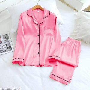 3 Pcs Women's Stitched Silk Plain Night Suit