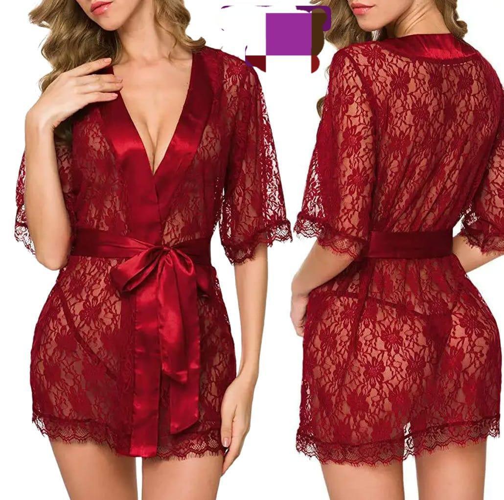 Silk Lace-Work Nightgown - 2 Pcs Set in Maroon