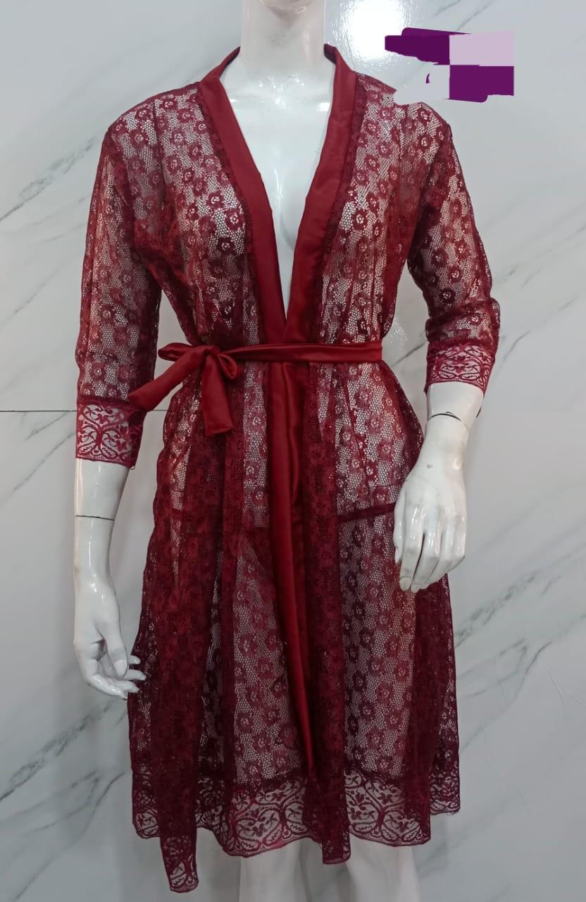 Silk Lace-Work Nightgown - 2 Pcs Set in Maroon - Image 2